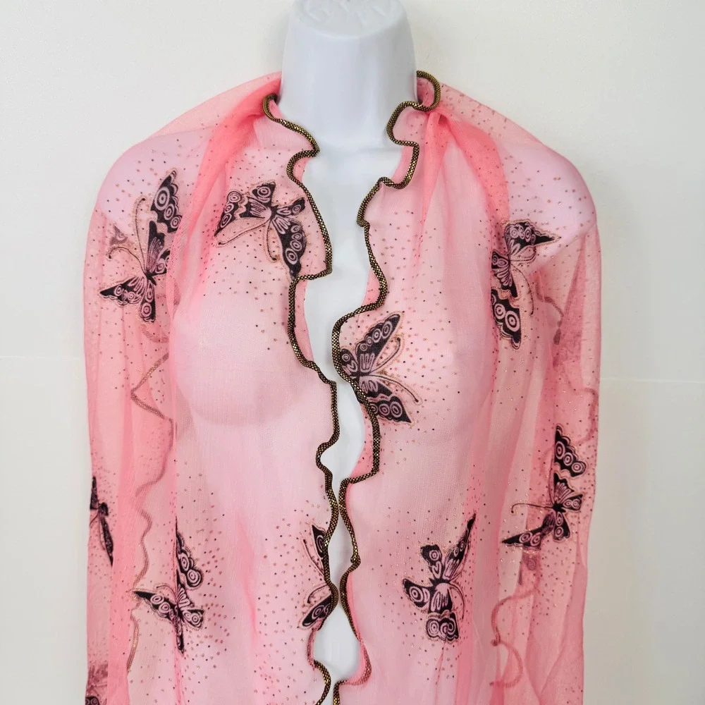 Butterfly Print Mesh Scarf Women OS Pink Sleeveless Glitter Lettuce Edge Sheer